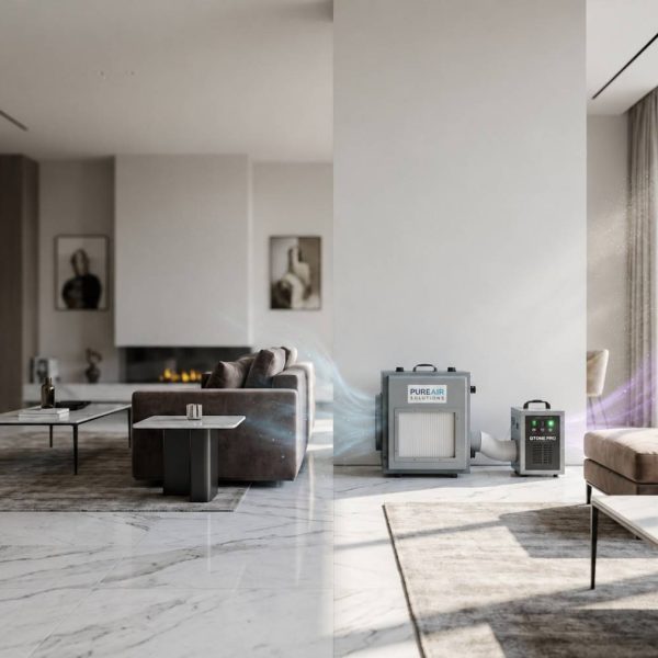 Indoor air quality improvement and odor removal service in a modern luxury home, featuring HEPA air scrubbers and advanced air purification equipment. Professional restoration services eliminate smoke, mold, and water damage odors, improve air quality, and create a cleaner, healthier indoor environment.