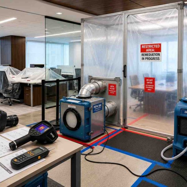 Commercial mold remediation and water damage restoration project in a modern office environment. Containment barriers, dehumidifiers, air scrubbers, thermal imaging cameras, and moisture detection equipment support safe mold removal and structural drying. Professional restoration services help improve indoor air quality, prevent contamination, and restore business operations.