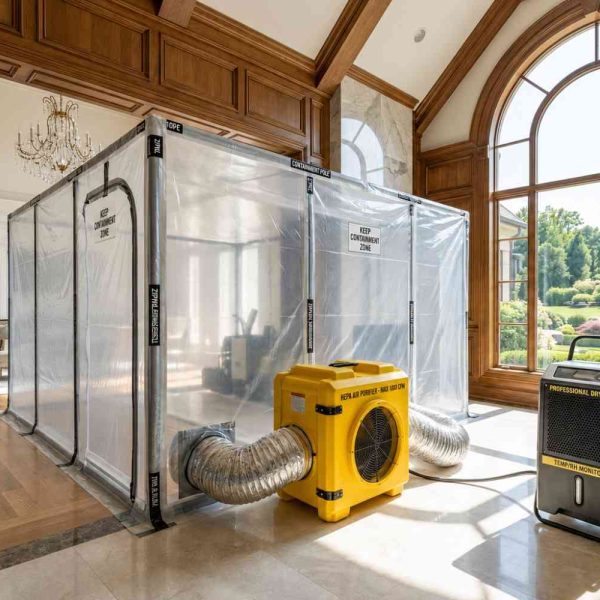 Professional mold remediation and water damage restoration containment setup in a luxury residential property. Containment barriers, industrial dehumidifiers, and air movers support safe mold removal, structural drying, and moisture control. Expert restoration services help prevent cross-contamination, improve indoor air quality, and restore water-damaged homes efficiently.