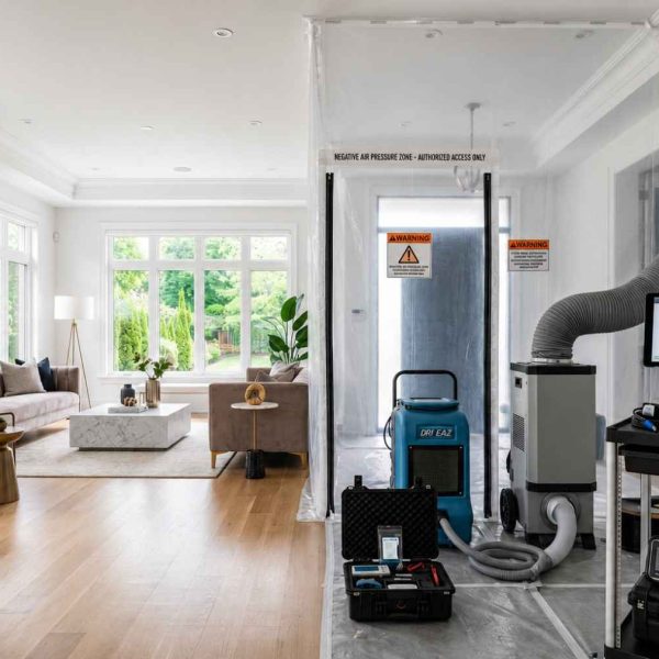 Professional mold remediation and water damage restoration setup in a residential living room featuring negative air containment, dehumidifiers, thermal imaging equipment, and moisture monitoring tools. Certified restoration specialists use advanced drying and mold removal techniques to improve indoor air quality, prevent contamination, and restore water-damaged properties safely.