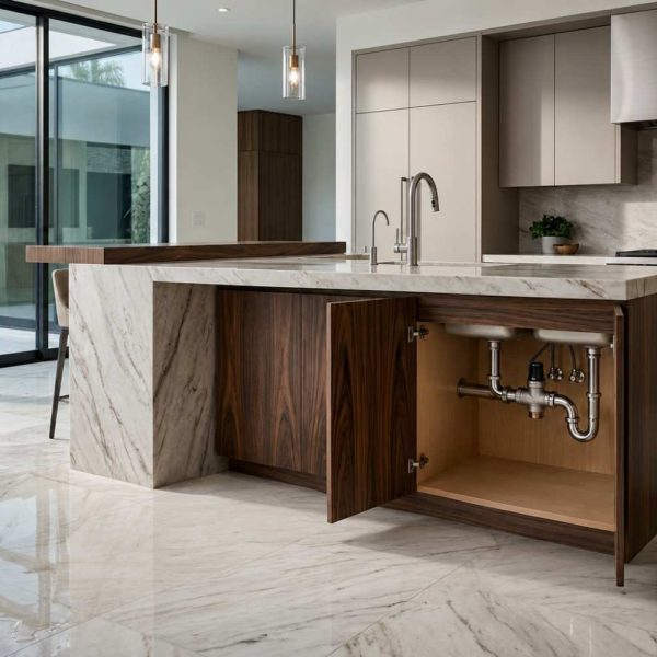 Modern kitchen plumbing inspection with under-sink pipes exposed, professional leak detection equipment, and plumbing repair tools on display. Residential plumber assessing kitchen sink plumbing in a luxury home, showcasing preventative maintenance, pipe inspection, and expert plumbing services.