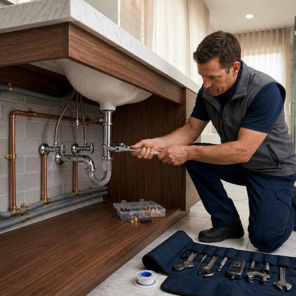 Licensed plumber repairing under-sink bathroom plumbing with professional tools, inspecting drain pipes and water supply lines in a modern luxury bathroom. Residential plumbing maintenance service focused on leak prevention, pipe repair, fixture installation, and efficient bathroom plumbing solutions for homeowners.