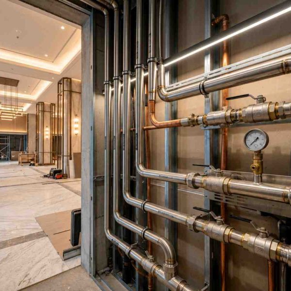 Commercial plumbing installation featuring stainless steel water supply pipes, pressure gauges, valves, and mechanical systems in a luxury building under construction. Professional plumbing infrastructure designed for water distribution, pressure control, and efficient building services in a high-end residential or commercial property.