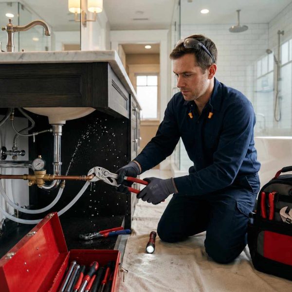 Professional plumber repairing a leaking bathroom sink pipe with specialized plumbing tools in a modern residential bathroom. Emergency plumbing service addressing under-sink water leaks, pipe repair, and water pressure issues, helping prevent water damage while ensuring reliable bathroom plumbing performance and long-term system efficiency.