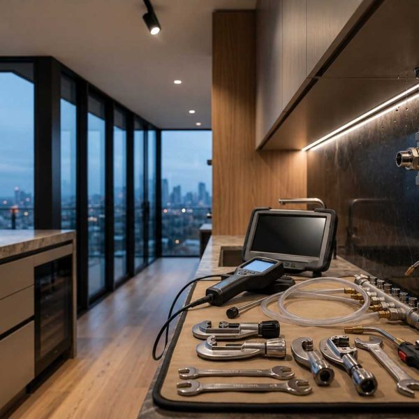 Advanced leak detection and plumbing diagnostic equipment arranged in a modern luxury kitchen, identifying a water leak from a plumbing connection. Professional plumbing inspection service using digital testing tools, leak detection technology, and preventive maintenance solutions to protect residential properties from water damage.