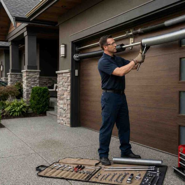 Professional garage door repair and spring replacement service at a residential home. Certified technician installs torsion springs and performs garage door maintenance using specialized tools. Expert garage door repair services improve safety, functionality, and long-term performance for residential garage door systems.