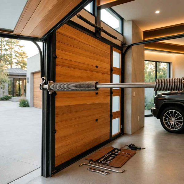 Close-up of a residential garage door torsion spring system with winding bar during professional garage door spring repair. Expert garage door maintenance improves safety, balances door operation, prevents spring failure, and extends the lifespan of modern garage door systems in luxury homes.
