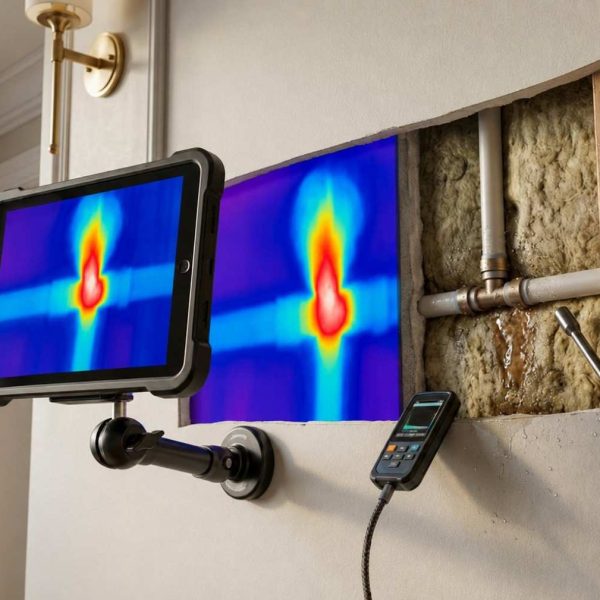 Thermal imaging leak detection showing a hidden water pipe leak inside a residential wall, with infrared camera highlighting moisture and temperature differences for home inspection, plumbing diagnostics, and water damage prevention.