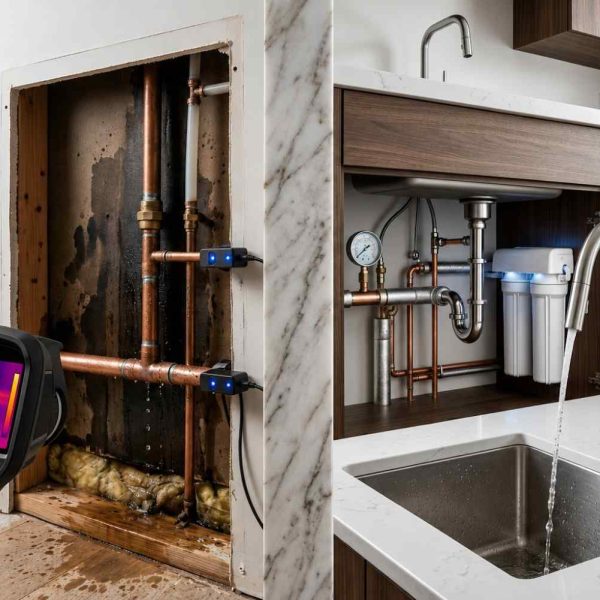 Infrared thermal camera detecting a hidden plumbing leak behind a bathroom wall and kitchen sink cabinet, highlighting water damage, moisture intrusion, and pipe inspection for residential leak detection, home maintenance, and water damage repair.