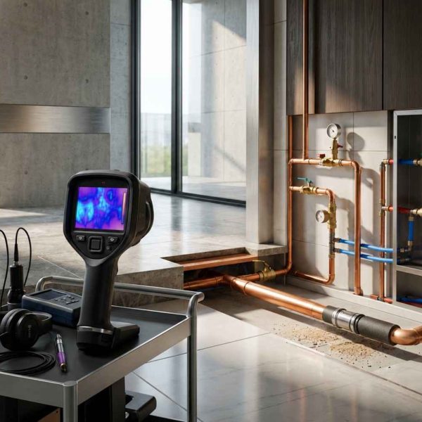 Thermal imaging inspection of underfloor heating and plumbing systems in a modern home, using an infrared camera to detect hidden leaks, temperature variations, and pipe issues for preventive maintenance, energy efficiency, and professional leak detection services.