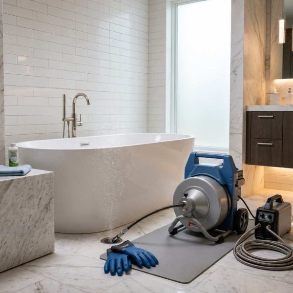 Drain cleaning and plumbing inspection equipment clearing a clogged bathtub drain in a luxury bathroom, helping diagnose blockages, prevent water damage, and restore proper drainage through professional residential plumbing maintenance and sewer line cleaning services.