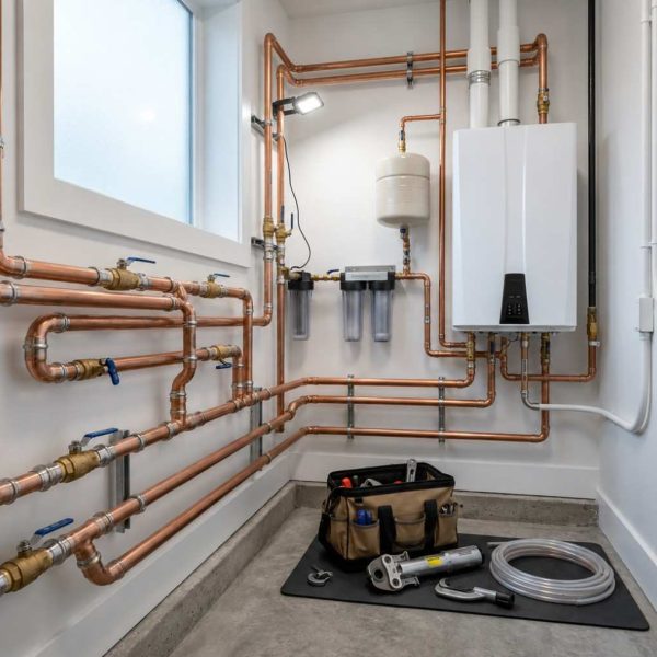 Modern residential plumbing system with copper water supply lines, tankless water heater, and water filtration equipment, showcasing professional plumbing installation, pipe maintenance, water treatment, and efficient home water management for residential plumbing services.