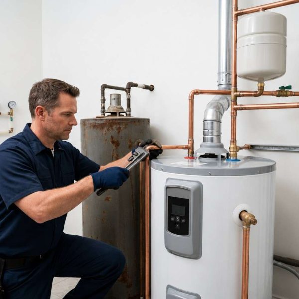 Professional plumber repairing and maintaining a residential water heater system, inspecting copper plumbing connections and pressure components to ensure reliable hot water, energy efficiency, leak prevention, and long-term plumbing system performance.