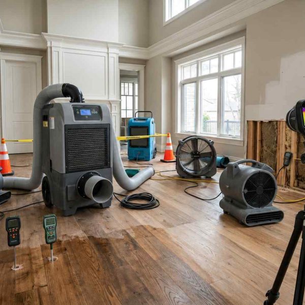 Water damage restoration and structural drying in a residential home, featuring thermal imaging cameras, moisture meters, industrial dehumidifiers, and air movers to detect hidden moisture, prevent mold growth, and restore flood-damaged walls and hardwood flooring.