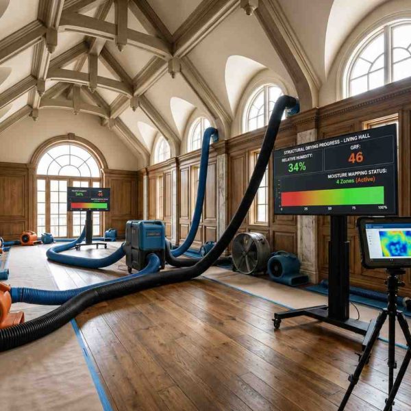 Commercial water damage restoration and structural drying in a historic luxury property, featuring thermal imaging, moisture mapping, industrial dehumidifiers, air movers, and real-time drying monitoring to detect hidden moisture, prevent mold growth, and restore flood-damaged interiors.