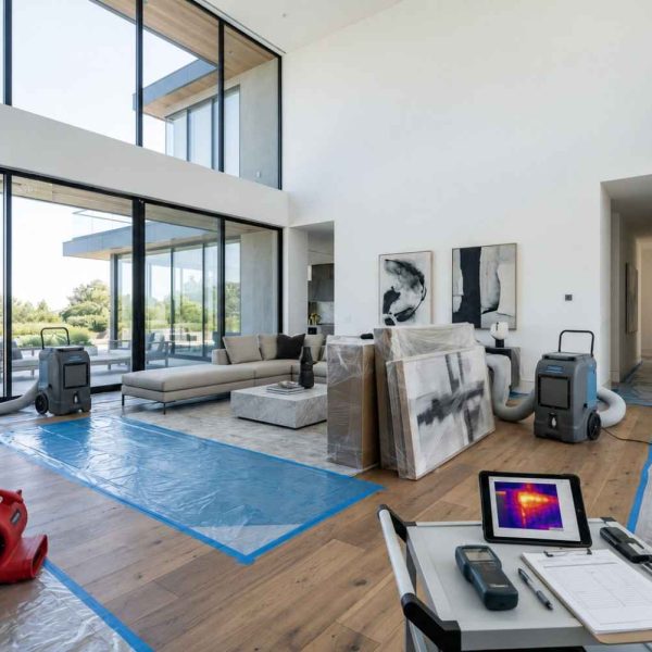 Luxury home water damage restoration with thermal imaging inspection, industrial dehumidifiers, air movers, and structural drying equipment protecting furnishings, detecting hidden moisture, preventing mold growth, and restoring flood-damaged residential interiors.
