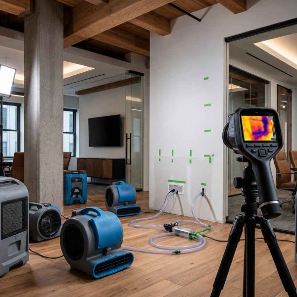 Commercial water damage restoration using thermal imaging, moisture detection equipment, industrial dehumidifiers, and air movers to identify hidden moisture, accelerate structural drying, prevent mold growth, and restore flood-damaged office interiors.