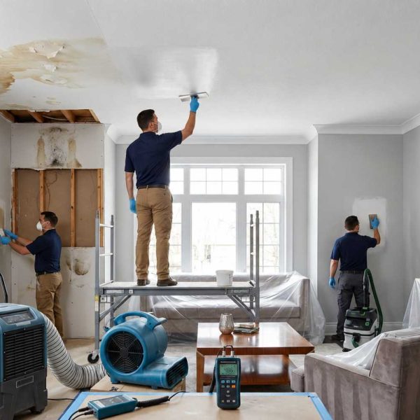 Water damage restoration and reconstruction services in a residential home, featuring mold remediation, drywall repair, structural drying, dehumidifiers, and air movers to restore flood-damaged walls, ceilings, and interiors after water intrusion.