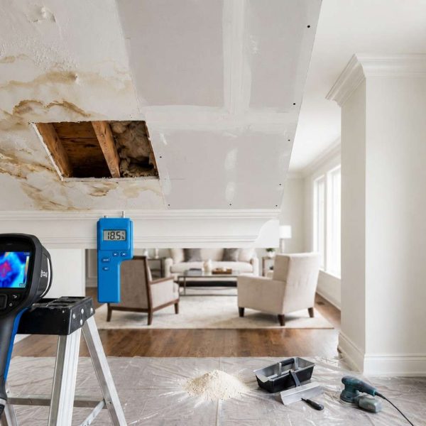 Ceiling water damage inspection and restoration using thermal imaging and moisture detection equipment to identify hidden leaks, assess water intrusion, guide drywall repair, prevent mold growth, and restore residential interiors after water damage.