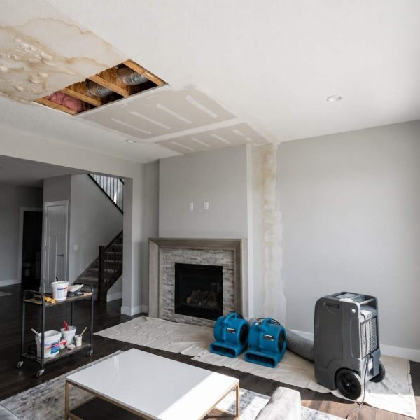 Ceiling water damage restoration in a residential home, featuring drywall repair, structural drying, industrial dehumidifiers, and air movers to remove moisture, prevent mold growth, and restore water-damaged ceilings and interior living spaces.