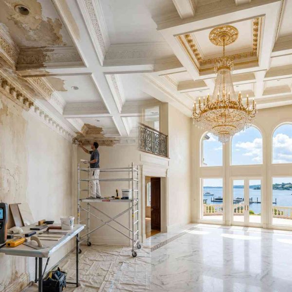 Luxury home water damage restoration and ceiling repair, featuring thermal imaging moisture inspection, drywall reconstruction, mold remediation, and structural restoration services to repair extensive water intrusion damage and restore high-end residential interiors.