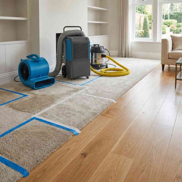Professional water damage restoration in a residential living room, featuring carpet moisture testing, thermal imaging inspection, air movers, dehumidifiers, and water extraction equipment drying wet carpet and hardwood flooring after flooding.