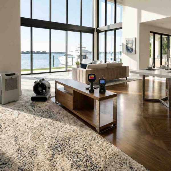 Luxury waterfront home undergoing water damage restoration, featuring dehumidifiers, air movers, thermal imaging, and moisture meters for hardwood floor and carpet drying, flood damage cleanup, and professional property restoration services.