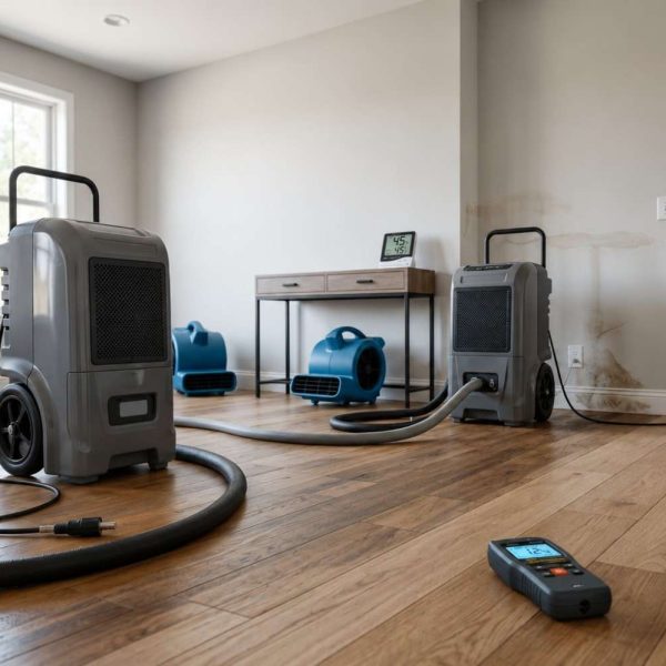 Water damage restoration equipment drying hardwood floors in a residential home, featuring commercial dehumidifiers, air movers, and moisture monitoring tools used for flood cleanup, structural drying, mold prevention, and professional water mitigation services.