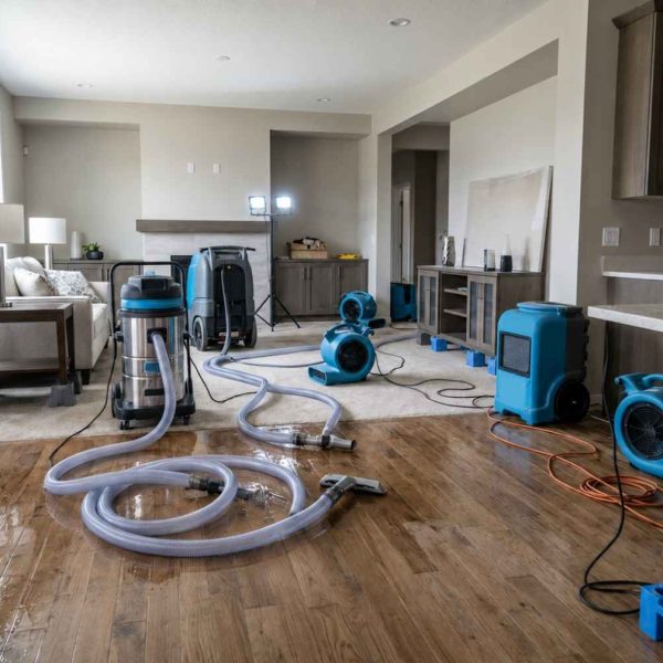 Professional water damage restoration in a modern home, featuring industrial drying equipment, air movers, dehumidifiers, and water extraction tools on wet hardwood floors during emergency flood cleanup and property restoration services