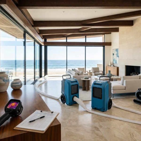 Luxury beachfront home undergoing water damage restoration, featuring dehumidifiers, air movers, thermal imaging inspection, and moisture detection equipment for structural drying, flood damage cleanup, mold prevention, and professional property restoration services.