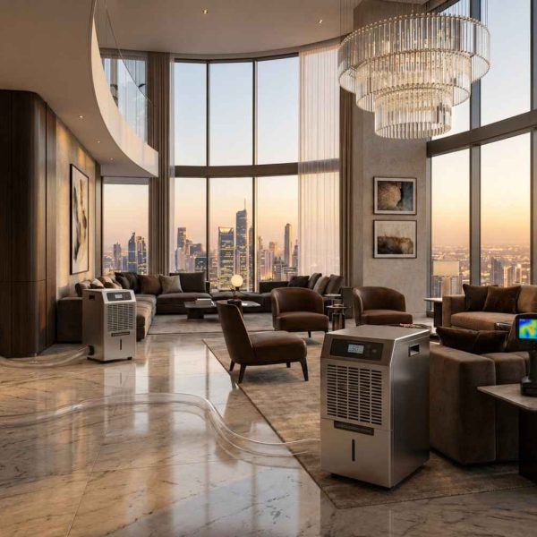 Luxury high-rise apartment undergoing water damage restoration, featuring commercial dehumidifiers, thermal imaging inspection, moisture monitoring, and structural drying equipment used for flood damage cleanup, water mitigation, mold prevention, and premium property restoration services.