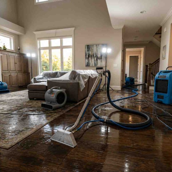 Professional water damage restoration in a residential living room, featuring water extraction, industrial dehumidifiers, air movers, and structural drying equipment to remove floodwater, prevent mold growth, and restore hardwood floors after water damage.