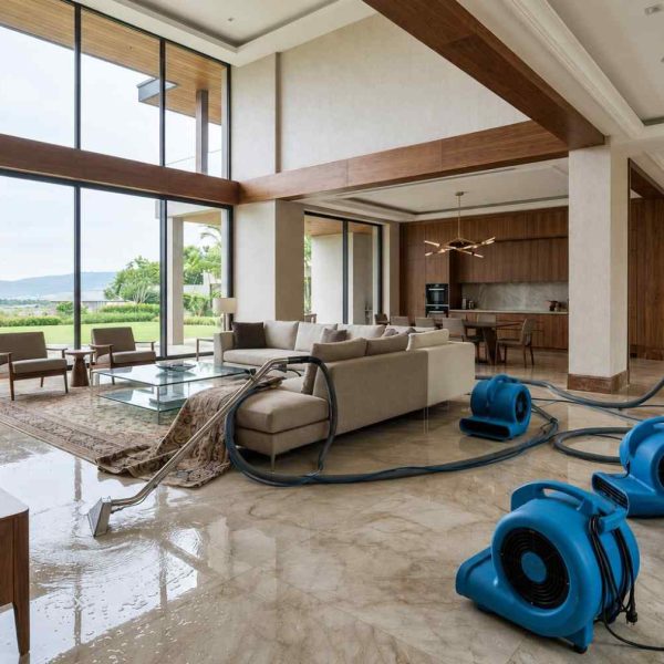 Professional water damage restoration in a luxury residential property, featuring water extraction, industrial air movers, dehumidifiers, and moisture detection equipment to remove floodwater, dry affected areas, prevent mold growth, and restore interior surfaces.