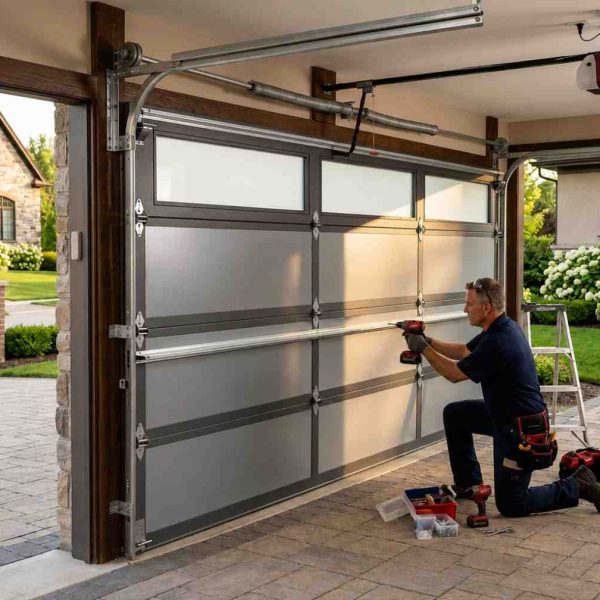 Professional garage door installation technician fitting a new insulated residential garage door with precision tools and hardware. Expert garage door replacement service improves energy efficiency, curb appeal, security, and smooth operation for modern homes
