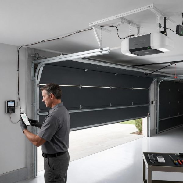 Technician configuring a smart garage door opener with mobile app connectivity in a modern residential garage. Professional garage door automation service improves remote access, security, safety sensor performance, and reliable operation for smart home systems.
