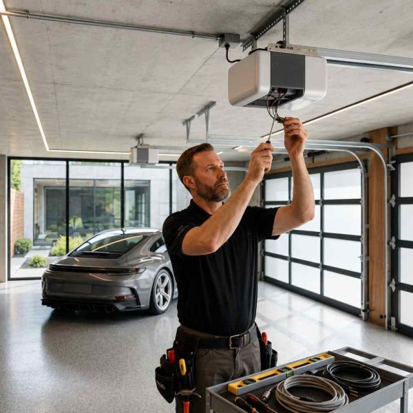 Professional technician installing a smart garage door opener in a luxury residential garage. Modern garage door automation service enhances security, remote access, energy efficiency, and reliable operation with advanced opener technology and expert installation.