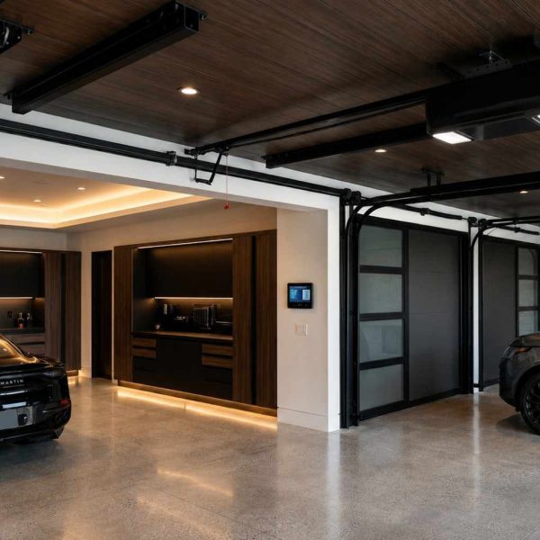 Luxury smart garage featuring modern glass garage doors, Wi-Fi garage door openers, and premium vehicle storage. High-end garage door installation enhances security, automation, energy efficiency, and contemporary home design with advanced smart home integration.