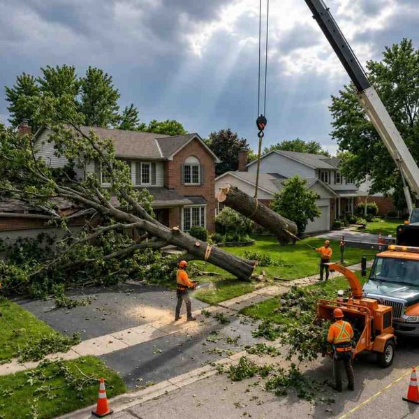 Professional tree removal crew clearing a large fallen tree from a residential property after storm damage. Emergency tree service using crane, wood chipper, and specialized equipment for safe tree removal, debris cleanup, and property protection. Expert arborist team providing storm damage restoration and hazardous tree removal services.