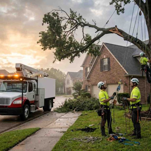 Professional arborists performing emergency tree trimming and storm damage cleanup in a residential neighborhood. Tree care specialists use climbing gear, ropes, and a bucket truck to remove hazardous branches safely. Expert tree service helps protect homes, improve safety, and maintain healthy trees after severe weather events.