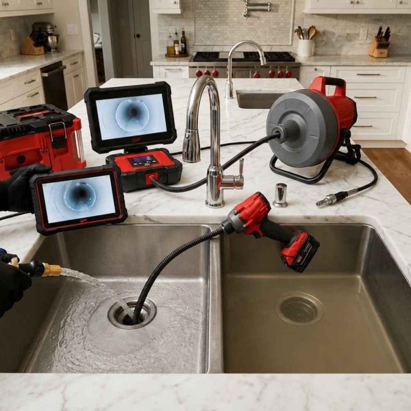 Professional drain cleaning and pipe inspection service in a residential kitchen, featuring sewer camera inspection, drain auger equipment, and clogged drain restoration tools used to diagnose blockages, clear pipes, and prevent plumbing water damage.