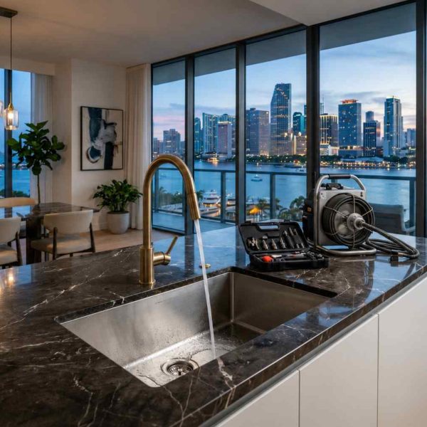 Professional kitchen drain cleaning and plumbing inspection service in a luxury waterfront condo, featuring drain auger equipment and pipe maintenance tools used to clear clogged drains, restore water flow, prevent backups, and protect residential plumbing systems.
