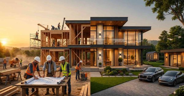 Modern two-story luxury house displayed half under construction and half fully completed at sunset Construction workers review blueprints, build wooden framing, and install structural components while landscaped gardens, glowing interior lights, balconies, and parked electric vehicles showcase the finished contemporary residence Surrounded by trees, the upscale property blends modern architecture with active development progress