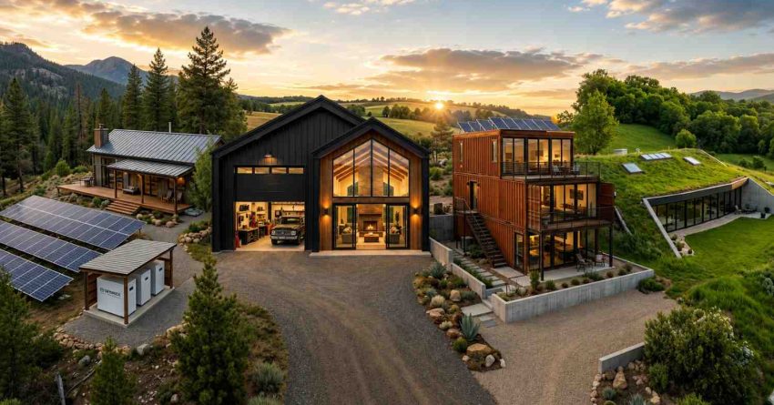 Sustainable modern homes surrounded by rolling hills and pine forests at sunset Feature large solar panel arrays, green roofs, expansive glass windows, and contemporary architecture Warm interior lighting glows from energy efficient houses while landscaped pathways, terraces, and eco friendly infrastructure create a luxurious off grid residential retreat in a peaceful natural countryside setting