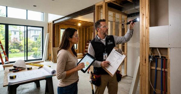 Home inspector and homeowner review renovation progress inside a partially finished modern house Inspector shines flashlight into exposed wall framing while holding a checklist clipboard Woman uses a digital tablet displaying floor plans Nearby blueprints, tools, plumbing lines, and construction materials highlight active remodeling, safety inspection, and project management within a spacious contemporary interior setting