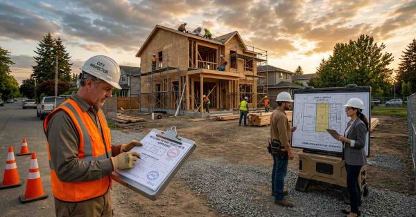 City inspector reviews approved building permits at a residential construction site while workers frame a two story house under scaffolding Nearby contractors discuss zoning regulations and development plans beside a large site map Construction crews install roofing and structural components during sunset, highlighting permitting, inspections, compliance, and active suburban home development progress outdoors