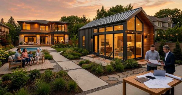 Modern backyard community at sunset featuring a stylish tiny home with large glass windows beside a luxury two story residence Families relax on outdoor seating areas surrounded by landscaped gardens, pathways, and poolside spaces while professionals review architectural plans Nearby warm lighting and contemporary design create an inviting upscale multigenerational residential living environment outdoors