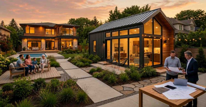 Modern backyard community at sunset featuring a stylish tiny home with large glass windows beside a luxury two story residence Families relax on outdoor seating areas surrounded by landscaped gardens, pathways, and poolside spaces while professionals review architectural plans Nearby warm lighting and contemporary design create an inviting upscale multigenerational residential living environment outdoors