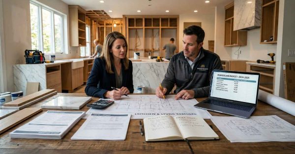 Homeowners and remodeling contractor reviewing kitchen renovation blueprints, budget documents, and material samples at wooden table inside partially completed luxury home. Laptop displays remodeling cost spreadsheet while construction workers install cabinetry in background. Marble countertops, unfinished wood cabinets, calculators, permits, and architectural plans illustrate collaborative residential renovation planning and budgeting process.