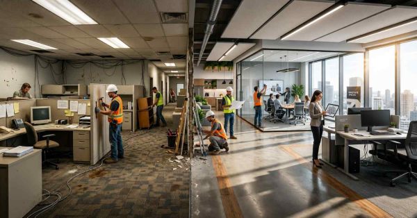 Split-view office renovation showcasing outdated cubicle workspace transforming into modern open-concept corporate interior. Construction workers demolish walls, install finishes, and review plans while employees collaborate in bright glass conference room. Exposed wiring, worn carpeting, and old lighting contrast with contemporary desks, acoustic ceiling panels, natural light, and sleek professional workplace design.