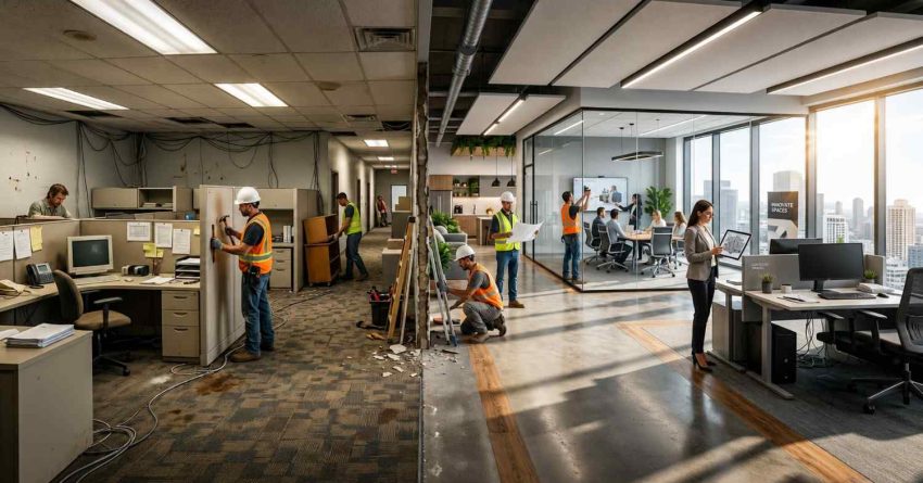Split-view office renovation showcasing outdated cubicle workspace transforming into modern open-concept corporate interior. Construction workers demolish walls, install finishes, and review plans while employees collaborate in bright glass conference room. Exposed wiring, worn carpeting, and old lighting contrast with contemporary desks, acoustic ceiling panels, natural light, and sleek professional workplace design.
